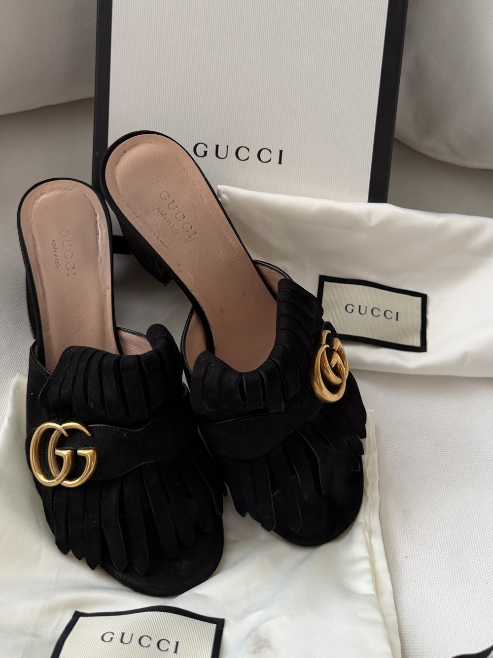 Gucci GG Marmont Black Suede Fringe Peep Toe Mules Size 38.5